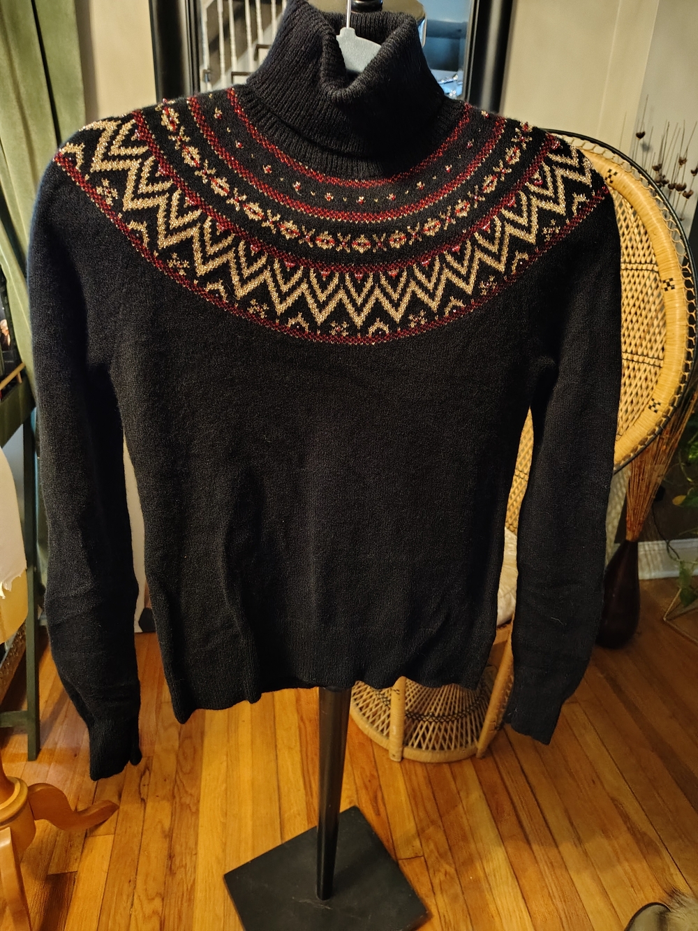 Brooks Brothers Black Crewneck Sweater with Red and Gold Fair Isle Yoke